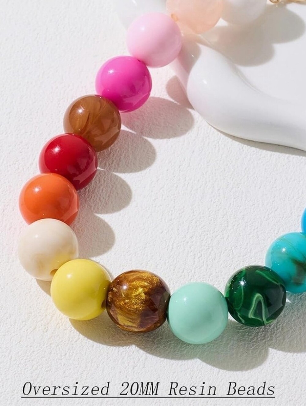 Multi Color Resin Bead Rainbow Statement Necklace Gold Chain - Picture 5 of 7